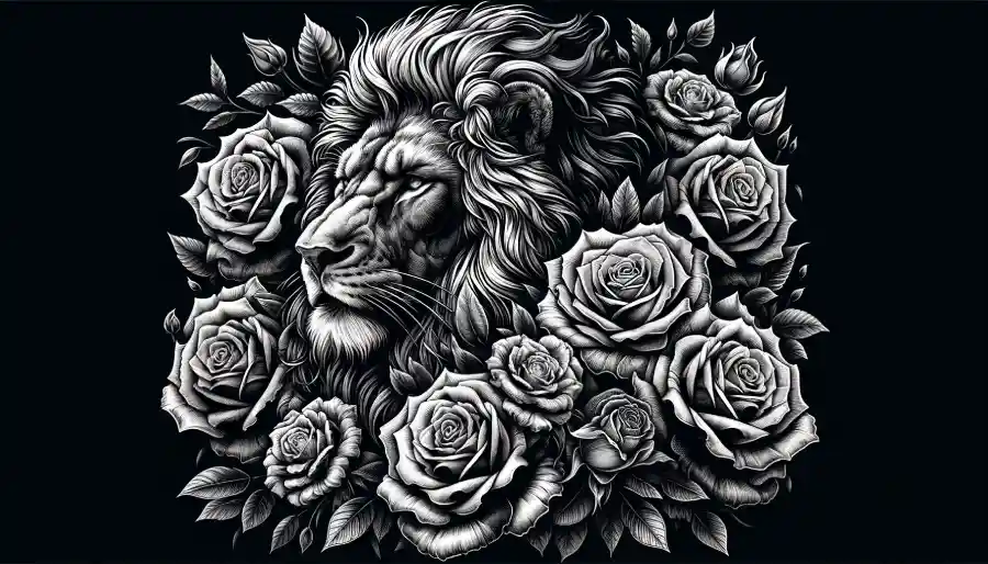 Lion with Roses Mens Floral Tattoo Designs