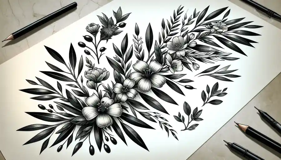 Olive Branch and Flowers Mens Floral Tattoo Designs