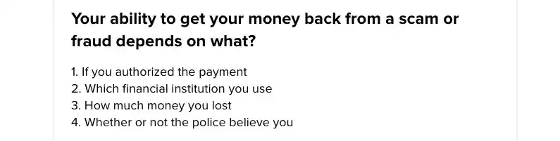 question your ability to get your money back from a scam or fraud depends on what?