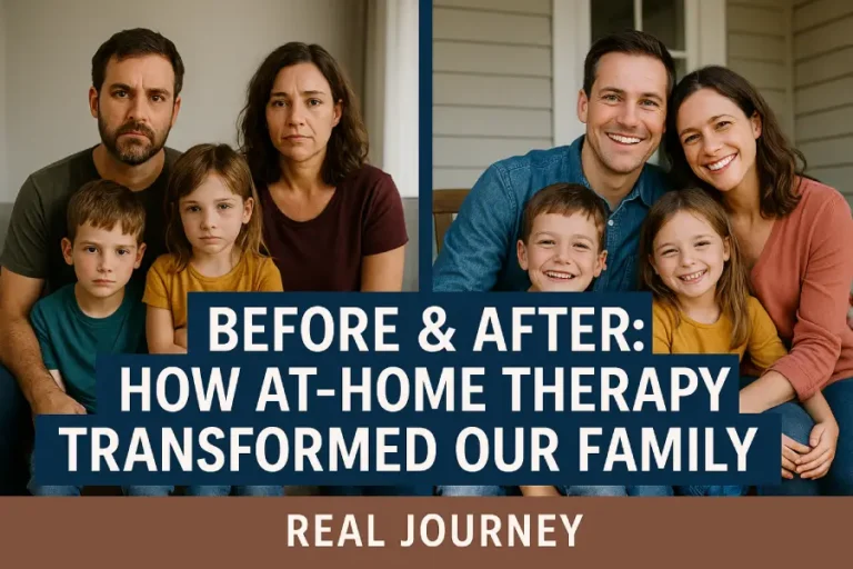 A promotional image showing a family’s transformation before and after at-home therapy, with a serious “before” photo and a smiling “after” photo, featuring the title “Before & After: How At-Home Therapy Transformed Our Family.”