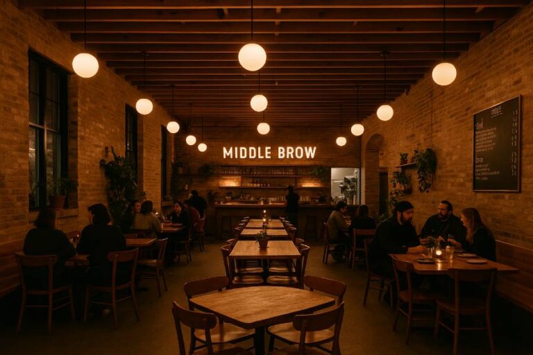 Interior of Bungalow by Middle Brow brewery in Chicago, featuring warm lighting, communal tables, and rustic brick walls.
