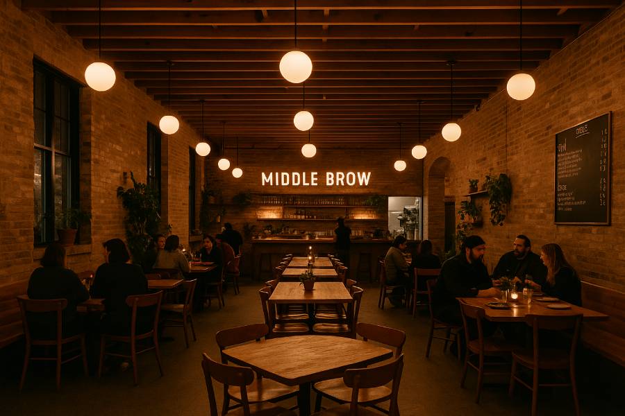 Interior of Bungalow by Middle Brow brewery in Chicago, featuring warm lighting, communal tables, and rustic brick walls.