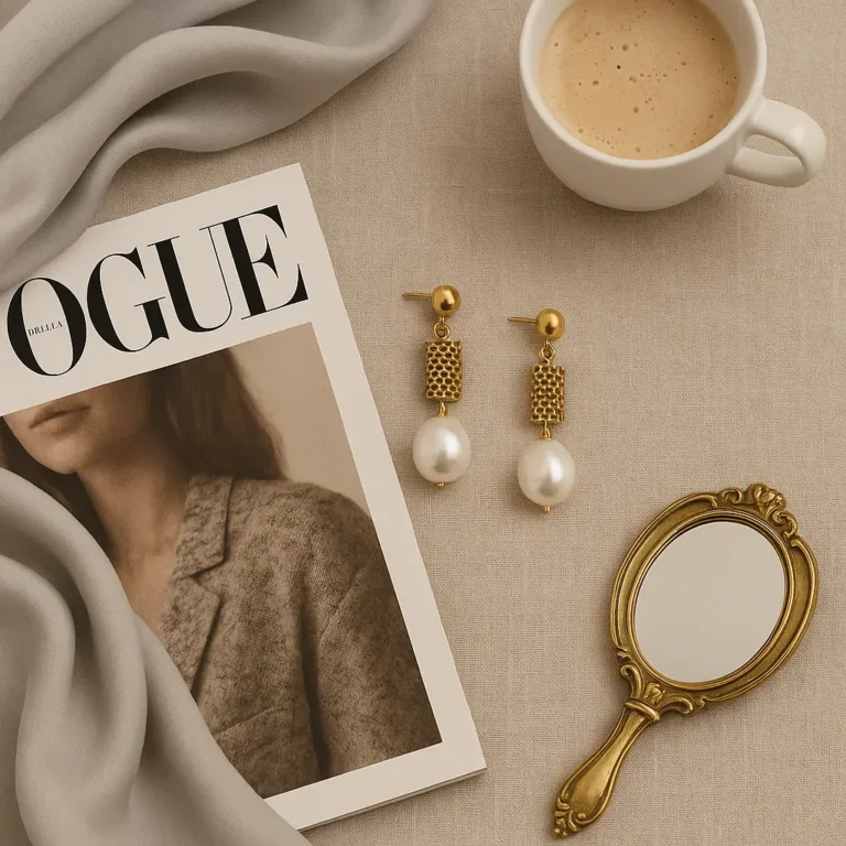 Laura B pearl earrings with silk scarf and fashion magazine