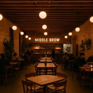 The cozy, inviting interior of Bungalow by Middle Brow—where warm design meets small-batch beer and tavern-style pizza.
